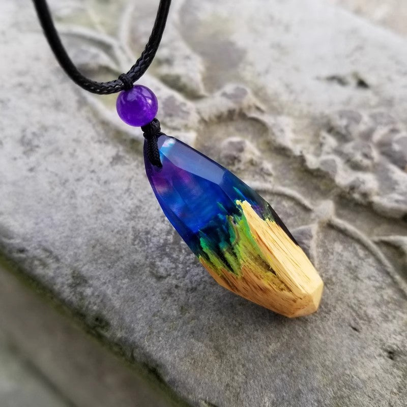 Aurora Ocean Resin and Wood Pendant Necklace Handmade Two Tone Rosewood Jewelry for Women Accessories