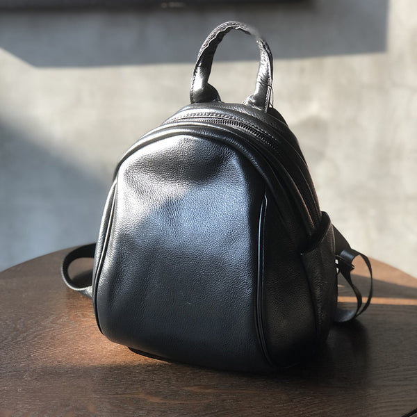 Black Mini Leather Backpack Sleek and Minimalist Soft Cowhide Daypack for Urban Women Black