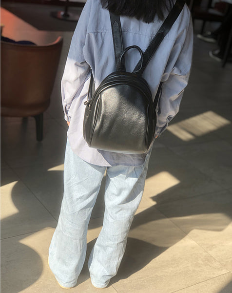 Black Mini Leather Backpack Sleek and Minimalist Soft Cowhide Daypack for Urban Women Original