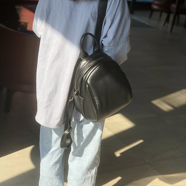 Black Mini Leather Backpack Sleek and Minimalist Soft Cowhide Daypack for Urban Women Stylish