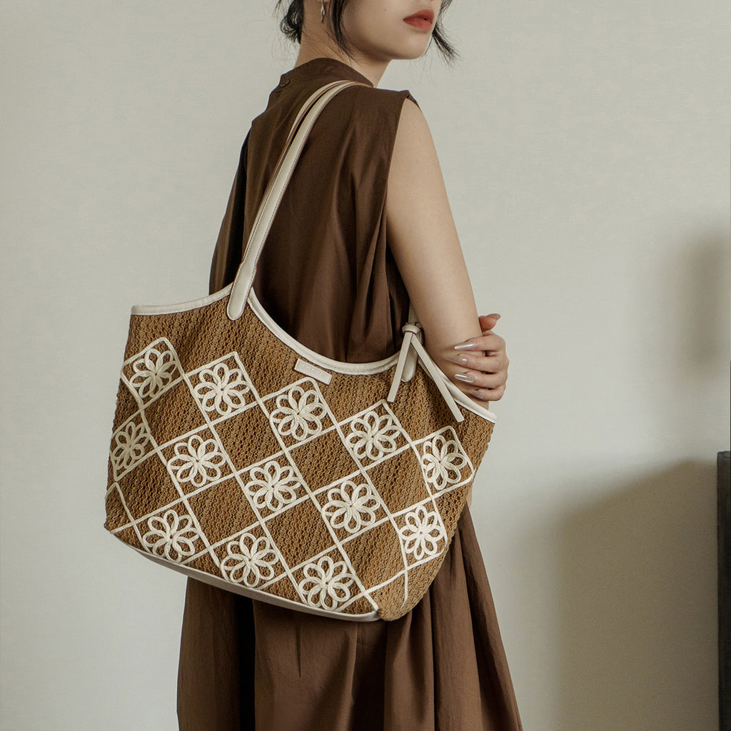 Boho Crochet Tote Bag Large PU Leather Shoulder Bag with Canvas Lining And Laptop Compartment Casual
