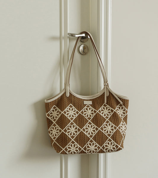 Boho Crochet Tote Bag Large PU Leather Shoulder Bag with Canvas Lining And Laptop Compartment Chic