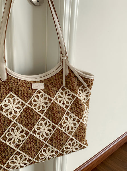Boho Crochet Tote Bag Large PU Leather Shoulder Bag with Canvas Lining And Laptop Compartment Classic
