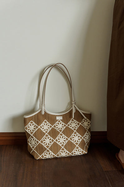 Boho Crochet Tote Bag Large PU Leather Shoulder Bag with Canvas Lining And Laptop Compartment Classy