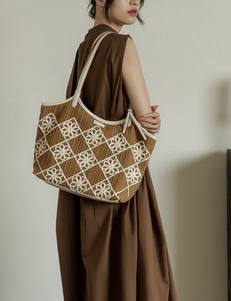 Boho Crochet Tote Bag Large PU Leather Shoulder Bag with Canvas Lining And Laptop Compartment Cute