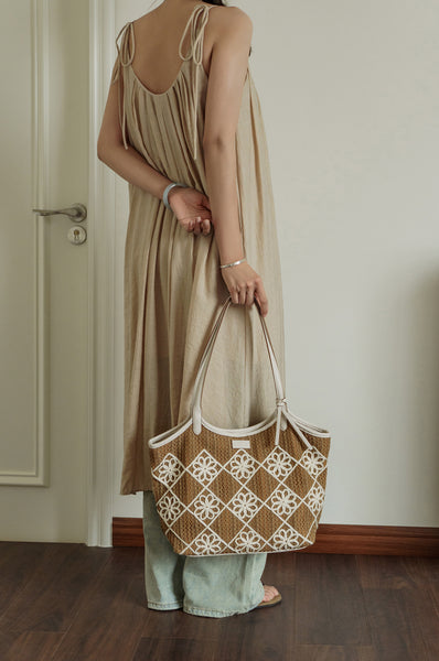 Boho Crochet Tote Bag Large PU Leather Shoulder Bag with Canvas Lining And Laptop Compartment Dazzling