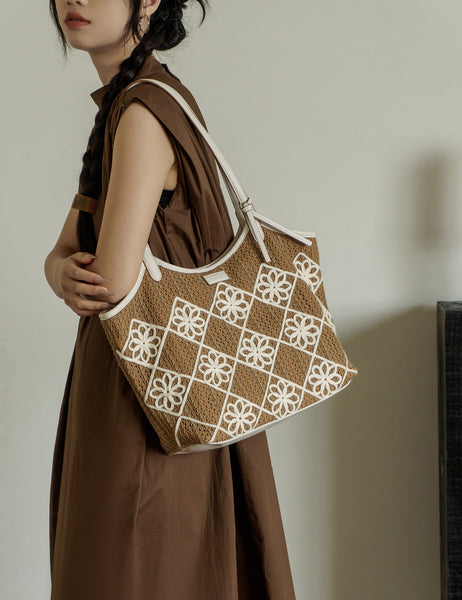Boho Crochet Tote Bag Large PU Leather Shoulder Bag with Canvas Lining And Laptop Compartment Designer