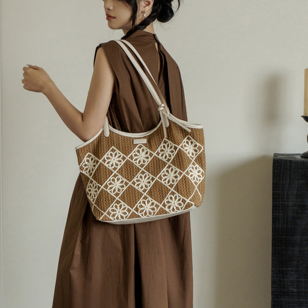 Boho Crochet Tote Bag Large PU Leather Shoulder Bag with Canvas Lining And Laptop Compartment Elegant