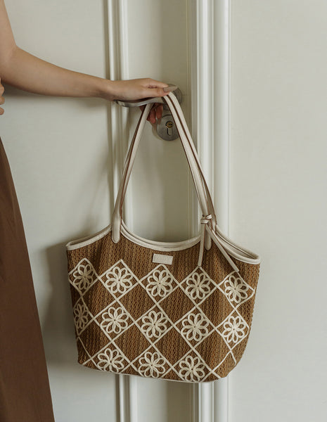 Boho Crochet Tote Bag Large PU Leather Shoulder Bag with Canvas Lining And Laptop Compartment Gift-idea