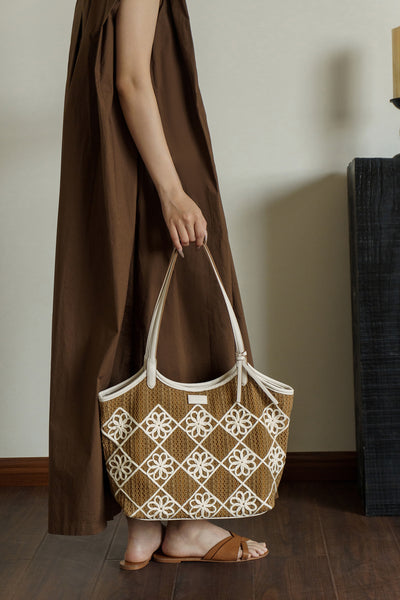 Boho Crochet Tote Bag Large PU Leather Shoulder Bag with Canvas Lining And Laptop Compartment Gift