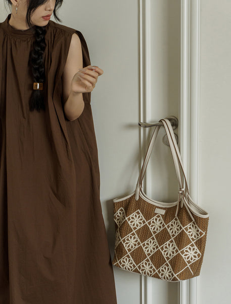 Boho Crochet Tote Bag Large PU Leather Shoulder Bag with Canvas Lining And Laptop Compartment Girlfriend