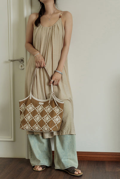 Boho Crochet Tote Bag Large PU Leather Shoulder Bag with Canvas Lining And Laptop Compartment Gorgeous