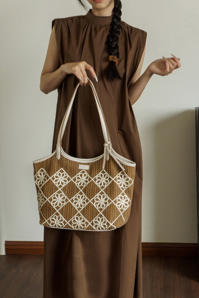 Boho Crochet Tote Bag Large PU Leather Shoulder Bag with Canvas Lining And Laptop Compartment Original