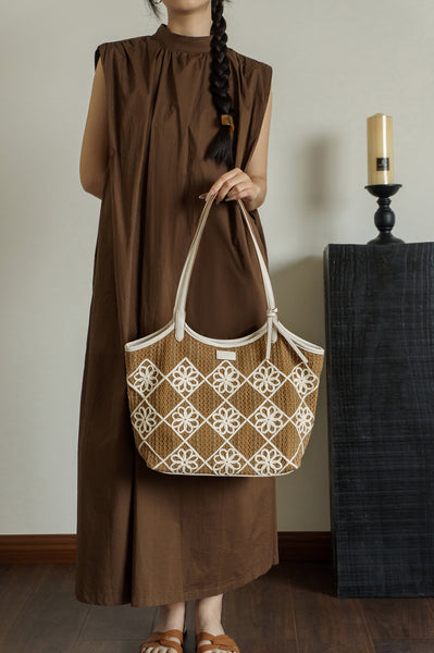 Boho Crochet Tote Bag Large PU Leather Shoulder Bag with Canvas Lining And Laptop Compartment Quality
