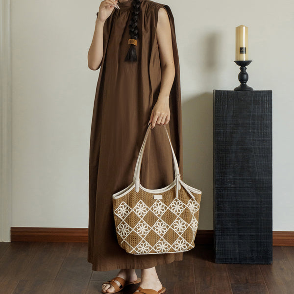 Boho Crochet Tote Bag Large PU Leather Shoulder Bag with Canvas Lining And Laptop Compartment Small