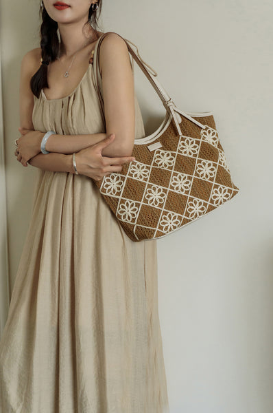 Boho Crochet Tote Bag Large PU Leather Shoulder Bag with Canvas Lining And Laptop Compartment Stylish