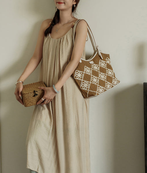 Boho Crochet Tote Bag Large PU Leather Shoulder Bag with Canvas Lining And Laptop Compartment Trendy