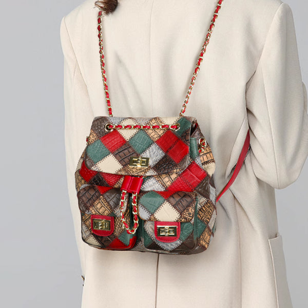 Boho Genuine Leather Patchwork Mini Backpack Bag for Women Handmade Vintage Cowhide Rucksack Bag Badass