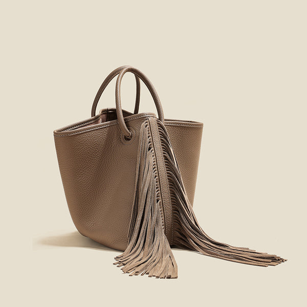 Womens Full Grain Leather Fringe Bucket Bag Boho Leather Shoulder Handbag