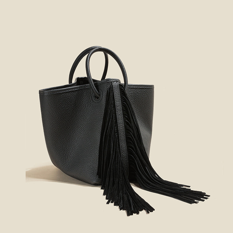 Boho Genuine Leather Tassel Bucket Bag for Women Crossbody and Top Handle Convertible Purse Affordable