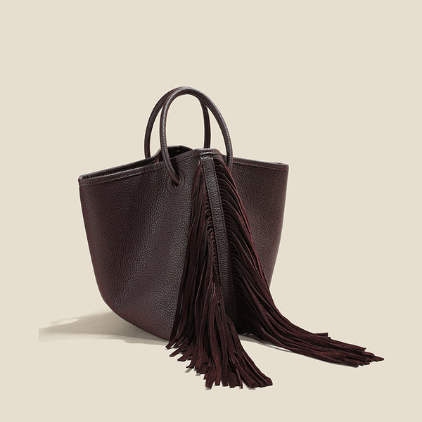 Boho Genuine Leather Tassel Bucket Bag for Women Crossbody and Top Handle Convertible Purse Badass