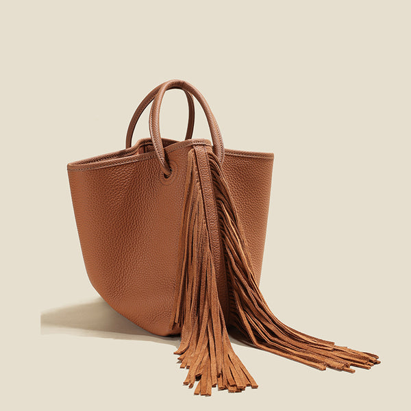 Boho Genuine Leather Tassel Bucket Bag for Women Crossbody and Top Handle Convertible Purse Beautiful