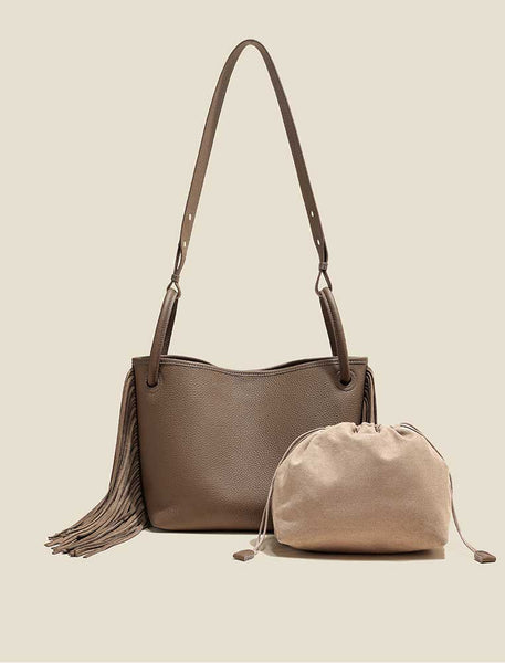 Boho Genuine Leather Tassel Bucket Bag for Women Crossbody and Top Handle Convertible Purse Accessories