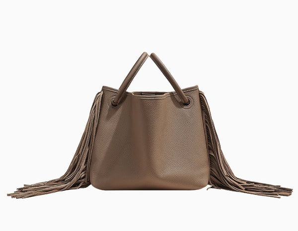 Boho Genuine Leather Tassel Bucket Bag for Women Crossbody and Top Handle Convertible Purse Casual