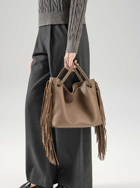 Boho Genuine Leather Tassel Bucket Bag for Women Crossbody and Top Handle Convertible Purse Chic