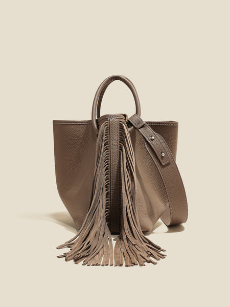 Boho Genuine Leather Tassel Bucket Bag for Women Crossbody and Top Handle Convertible Purse Classic