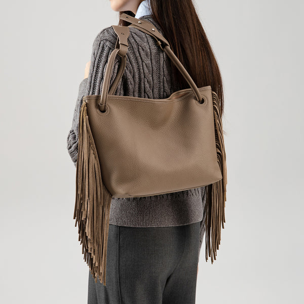 Boho Genuine Leather Tassel Bucket Bag for Women Crossbody and Top Handle Convertible Purse Classy
