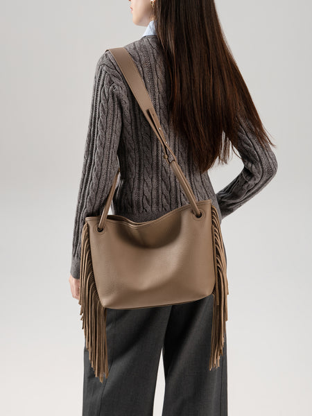 Boho Genuine Leather Tassel Bucket Bag for Women Crossbody and Top Handle Convertible Purse Cool