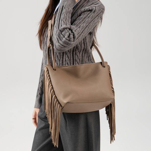 Boho Genuine Leather Tassel Bucket Bag for Women Crossbody and Top Handle Convertible Purse Cowhide