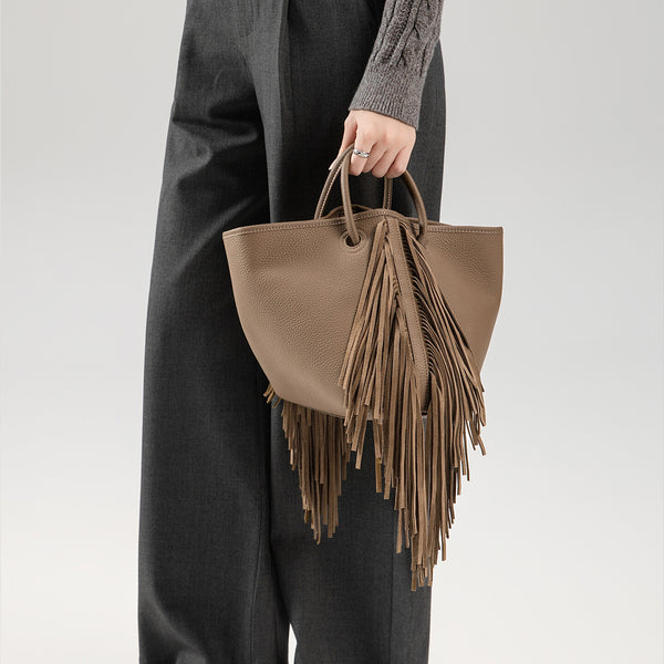 Boho Genuine Leather Tassel Bucket Bag for Women Crossbody and Top Handle Convertible Purse
