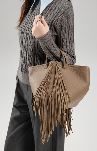 Boho Genuine Leather Tassel Bucket Bag for Women Crossbody and Top Handle Convertible Purse Designer
