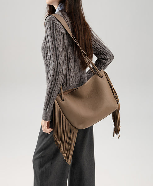 Boho Genuine Leather Tassel Bucket Bag for Women Crossbody and Top Handle Convertible Purse Elegant