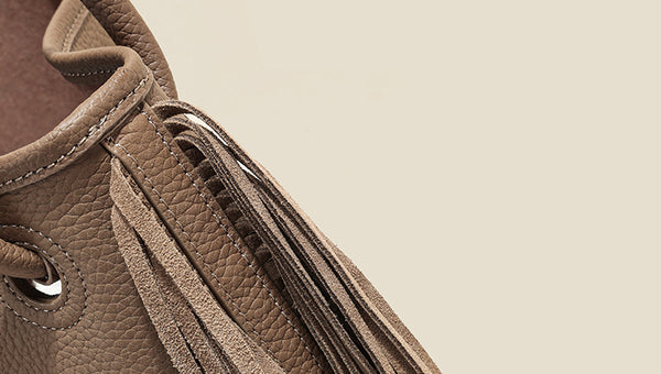Boho Genuine Leather Tassel Bucket Bag for Women Crossbody and Top Handle Convertible Purse Funky