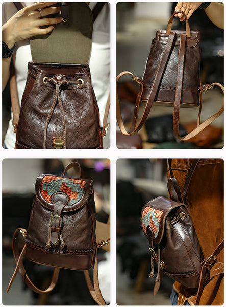 Womens Small Leather Backpack Purse For Women Ladies Brown Leather Rucksack With Wool Blanket Pattern