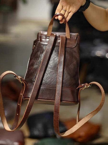 Womens Small Leather Backpack Purse For Women Ladies Brown Leather Rucksack With Wool Blanket Pattern