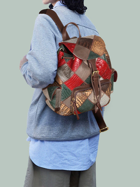 Boho Patchwork Leather Backpack for Women Multicolor Genuine Leather Backpack – igemstonejewelry