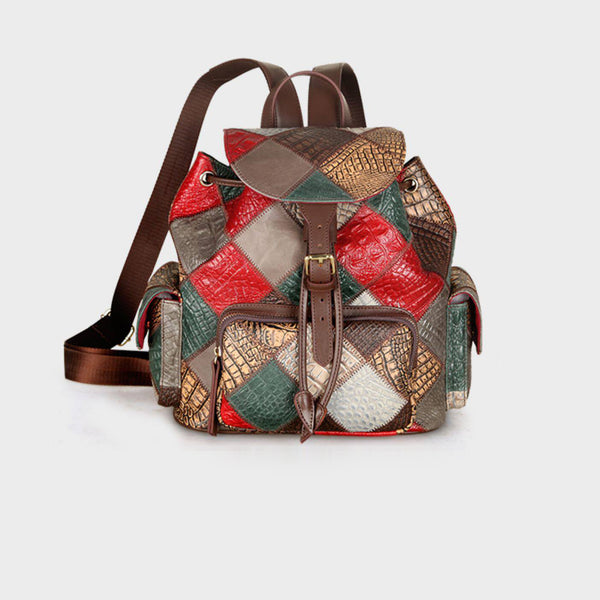 Womens Boho Patchwork Leather Backpack Bag Vintage Color Block Genuine Leather Backpack