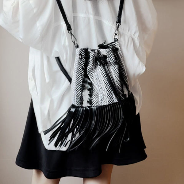 Boho Polyester and Vegan Leather Womens Fringe Crossbody Bag Convertible Backpack Purse