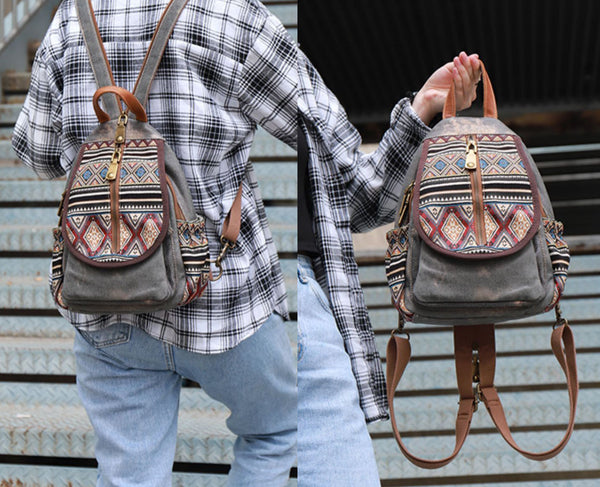 Boho Womens Canvas Rucksack Small Canvas Backpack Bag Chest Bag For Women Fashion