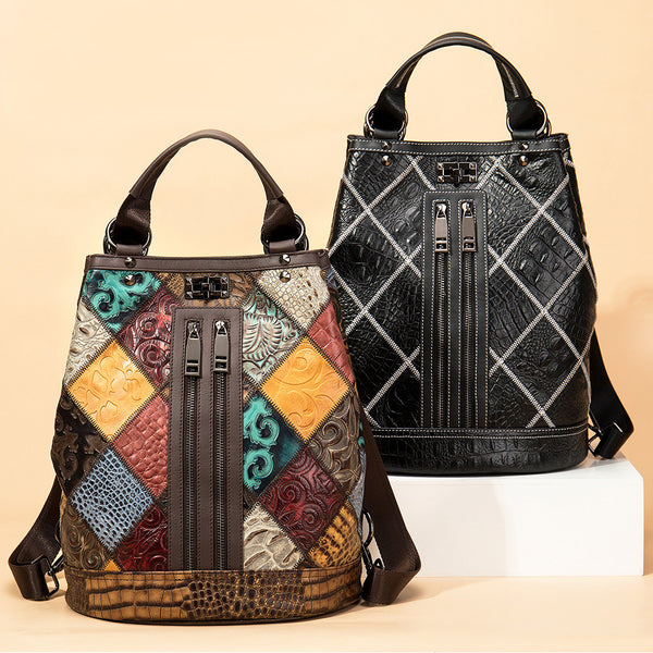 Boho Womens Convertible Leather Backpack Purse Shoulder Bucket Bag