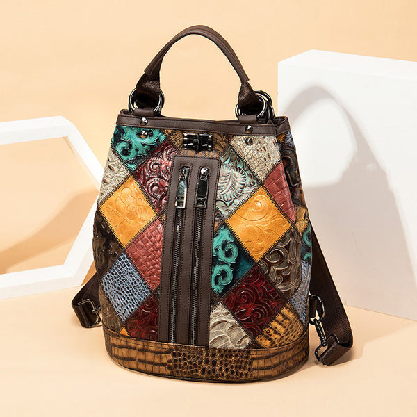 Boho Womens Convertible Leather Backpack Purse Shoulder Bucket Bag