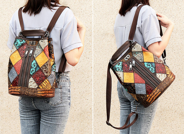 Boho Womens Convertible Leather Backpack Purse Shoulder Bucket Bag