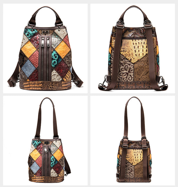 Boho Womens Convertible Leather Backpack Purse Shoulder Bucket Bag