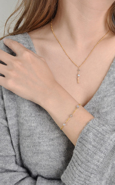 Boho Womens Grey Moonstone Bracelet 26k Gold Plated Chic