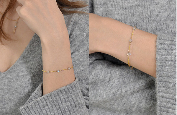 Boho Womens Grey Moonstone Bracelet 27k Gold Plated Classic