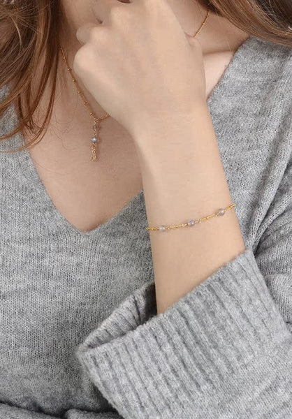 Boho Womens Grey Moonstone Bracelet 28k Gold Plated Classy